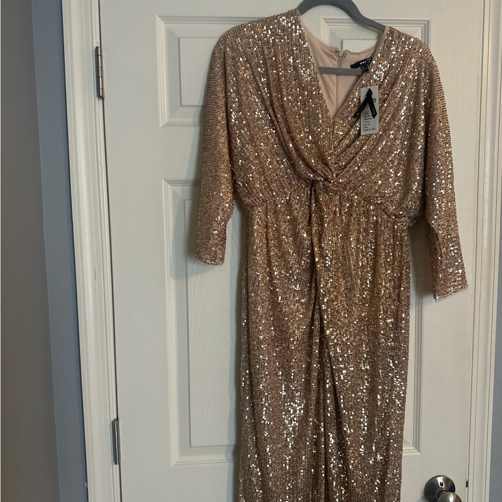 TFNC Shimmering Gold Long Sleeve Dress. Baby shower or Maternity photo shoot
